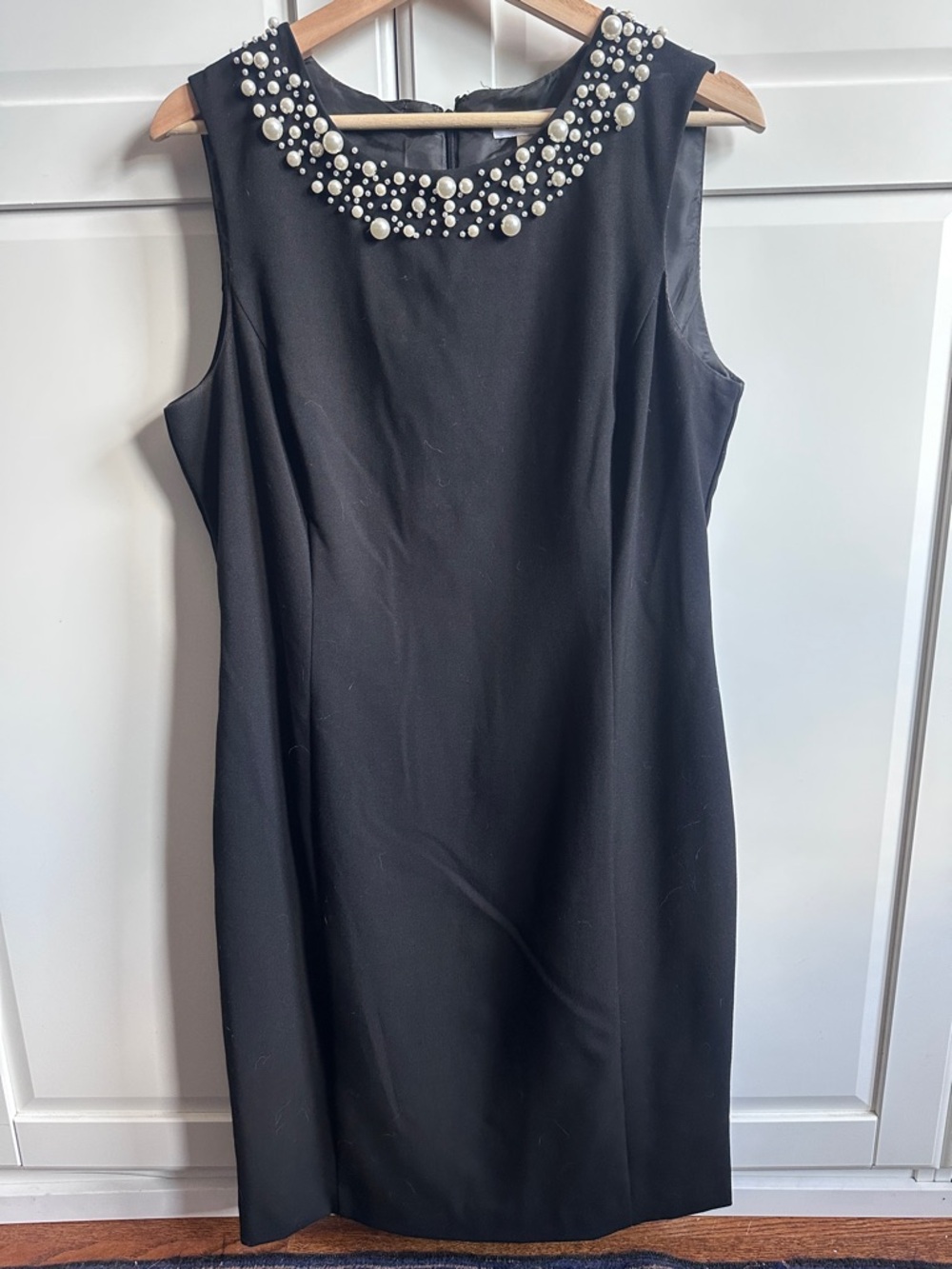 Calvin Klein Classic Black Sleeveless Dress with Pearl Embellished Neckline